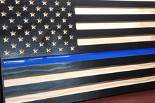 Load image into Gallery viewer, Police Blue Line Flag Engraved Wood Wall Art American Flag Epoxy - Clean - 21.25" x 11.25" x .75"
