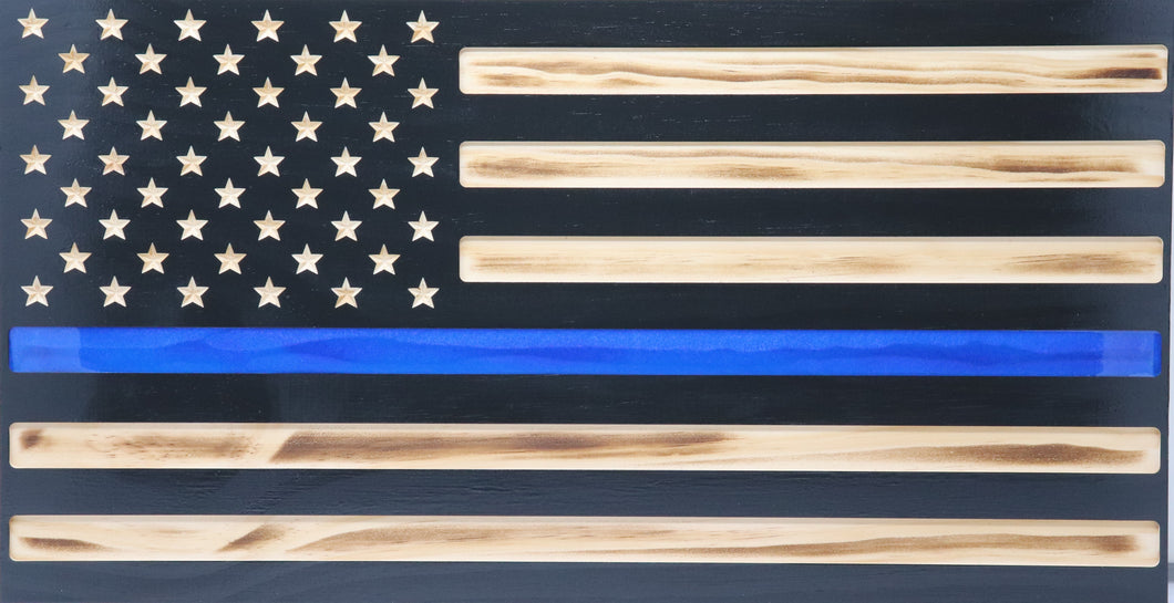 Jackson Flag Company - Handcrafted Police Blue Line Flag Engraved Wood Wall Art Décor American Flag Epoxy 21.3 x 11.2 - Burnt