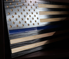 Load image into Gallery viewer, Police Blue Line Flag Engraved Wood Wall Art American Flag Epoxy - Clean - 21.25&quot; x 11.25&quot; x .75&quot;
