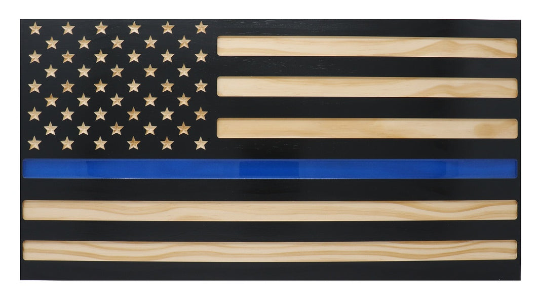 Police Blue Line Flag Engraved Wood Wall Art American Flag Epoxy - Clean - 21.25